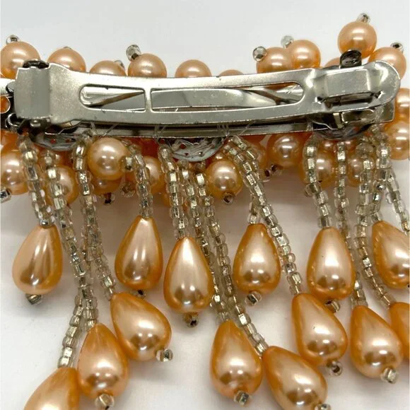 Vintage Hair Barrette Faux Pearl Apricot Peach Pastel Orange Bridal Formal Prom - Picture 8 of 13